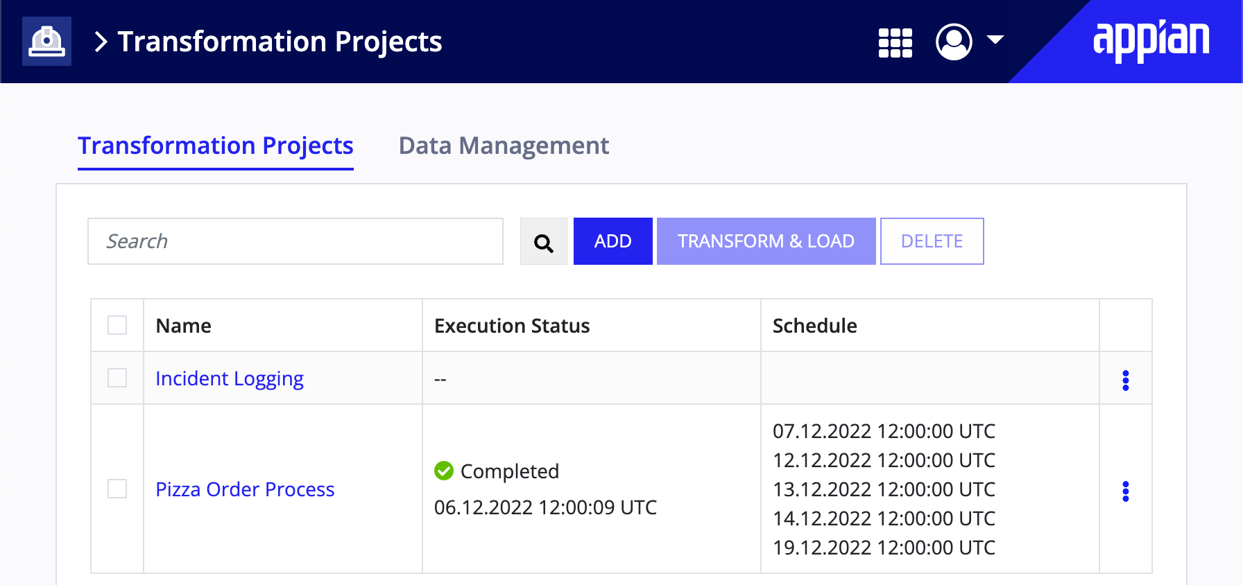 Screenshot of Transformation Project tab