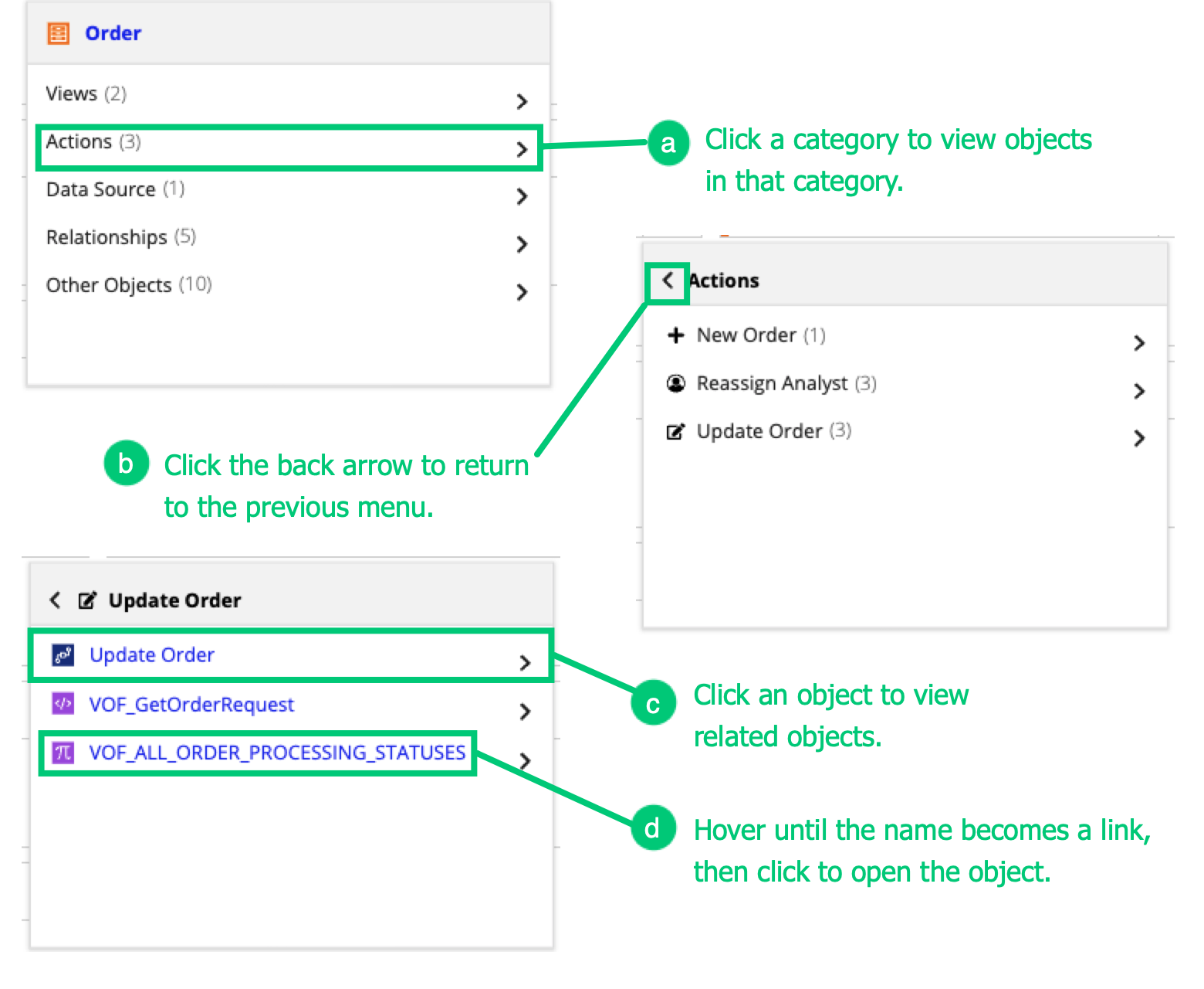 annotated screenshots of related object navigator