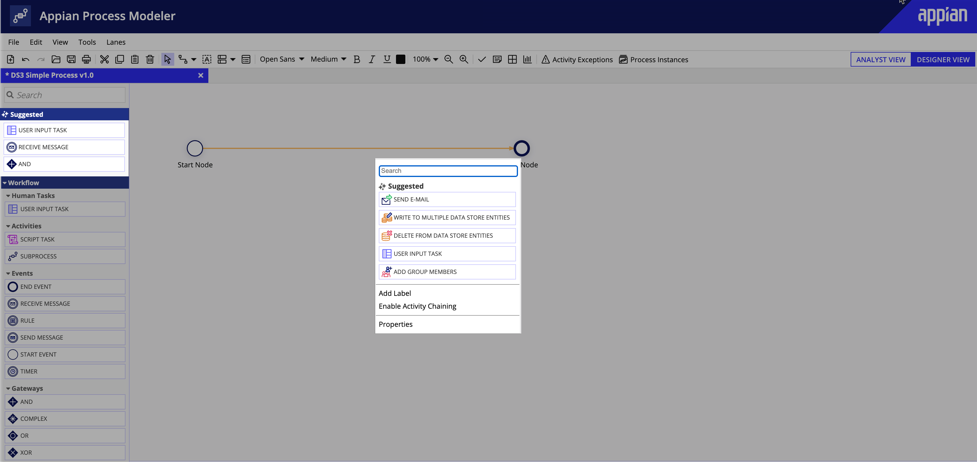 screenshot of suggested nodes smart service palette and popup