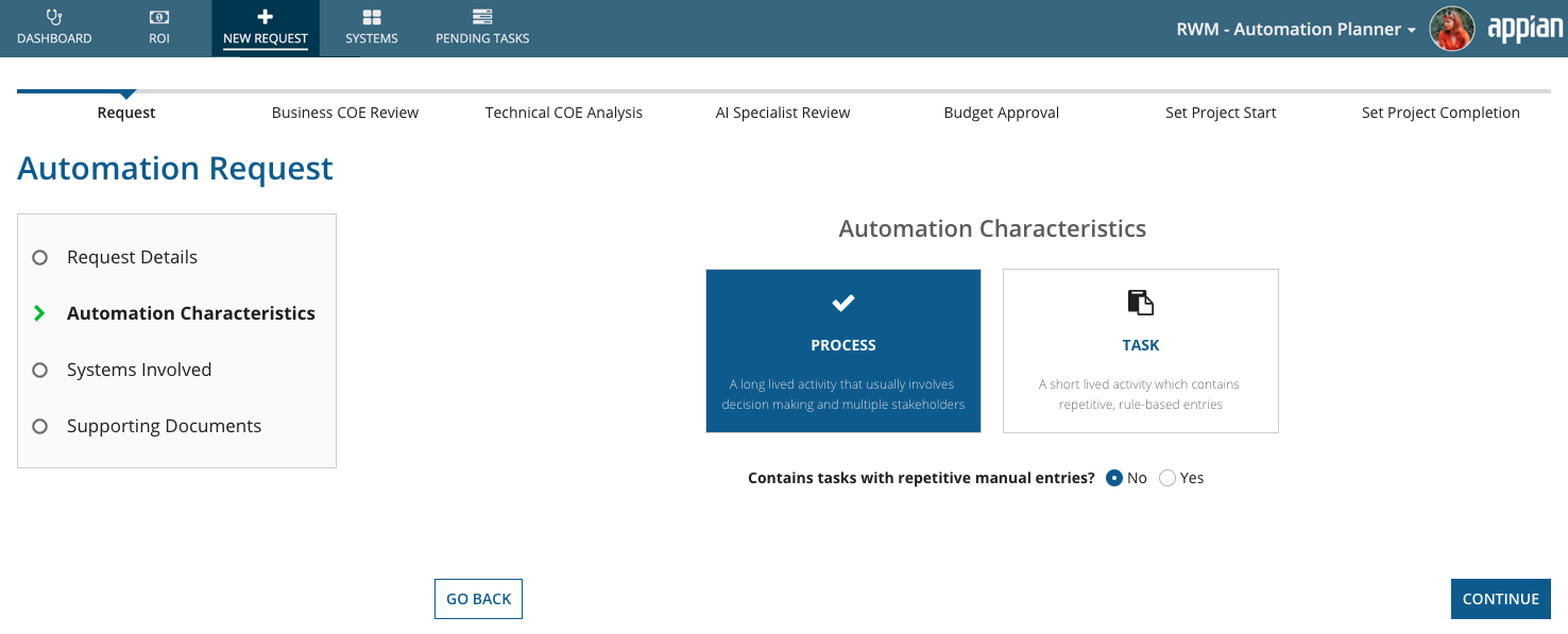 Automation Planner Request Automation Characteristics