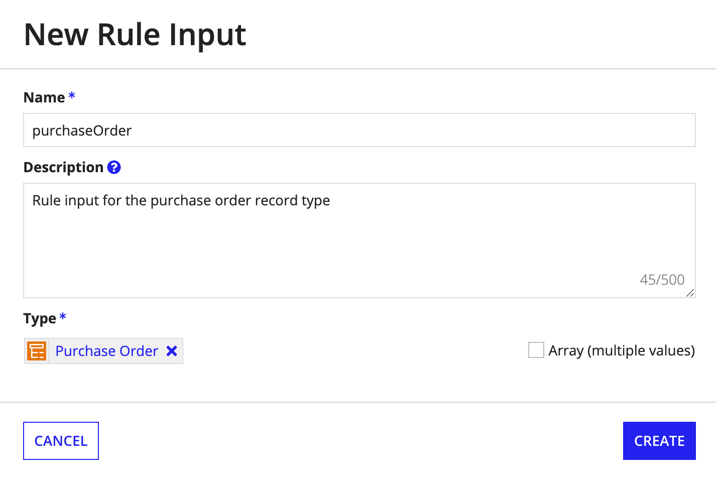 screenshot showing the Edit Rule Input dialog with the Purchase Order rule input