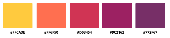 a five color guide to the colors in the Sunset color scheme, with accompanying hex codes