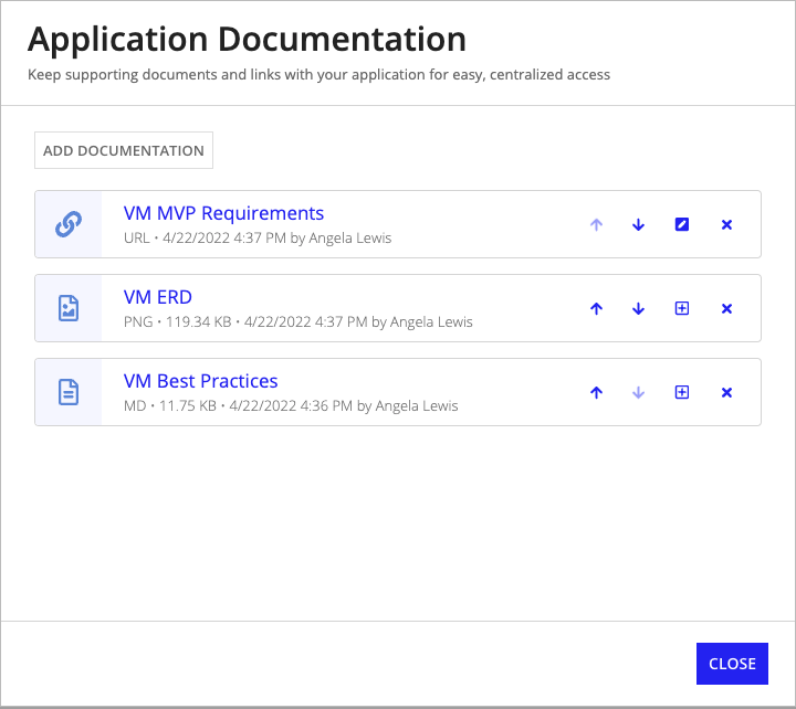 screenshot of the Application Documentation dialog