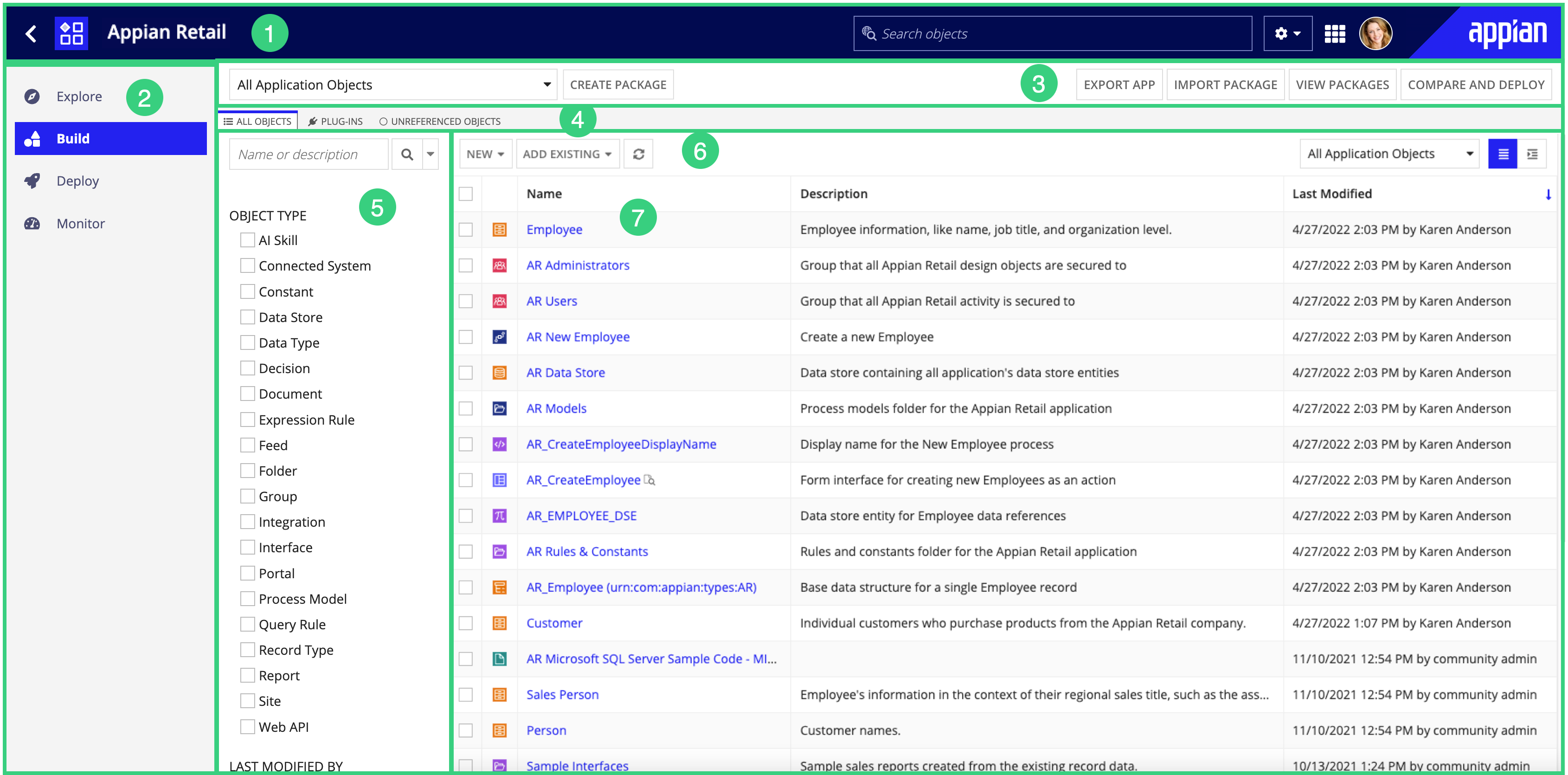 screenshot of the Objects view in Appian Designer