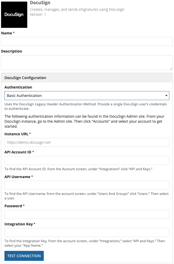 screenshot of the Basic Authentication method selected in a DocuSign connected system object