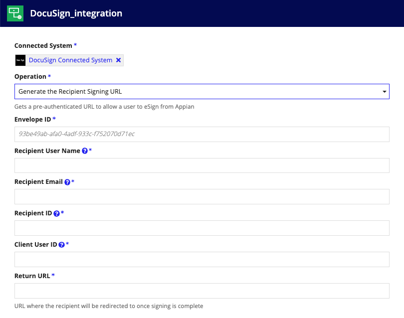 screenshot of the Generate the Recipient Signing URL operation selected in a DocuSign integration object