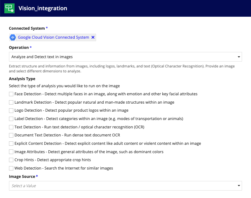 screenshot of Analyze and Detect text in images operation selected in an integration object