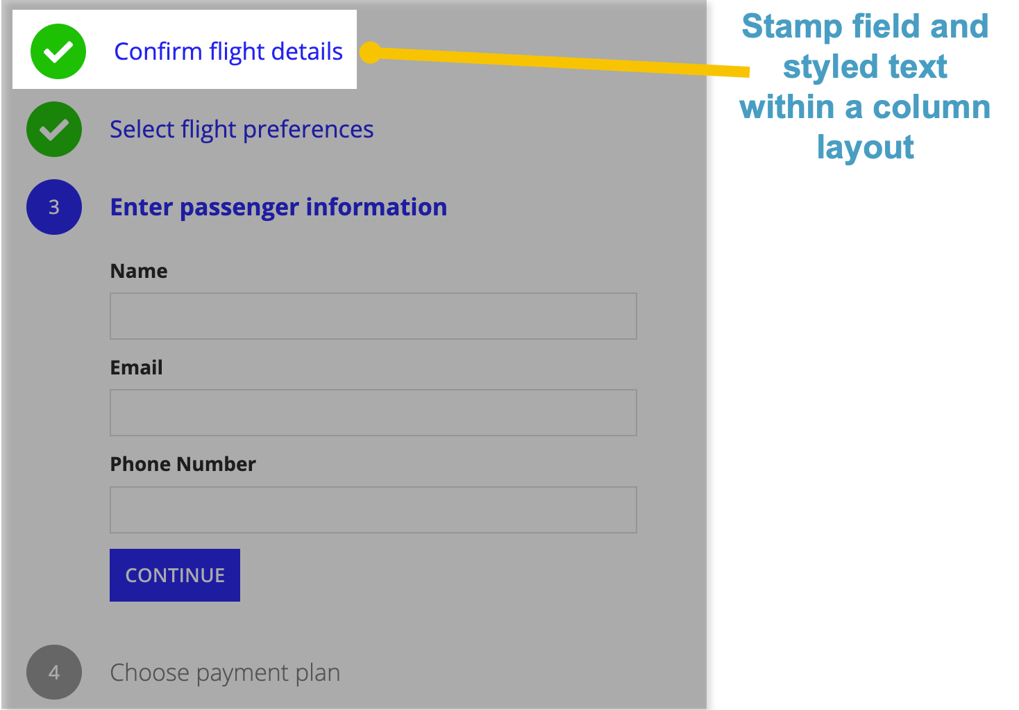 screenshot of the form steps pattern highlighing that there is a stamp field and styled text within a columns layout