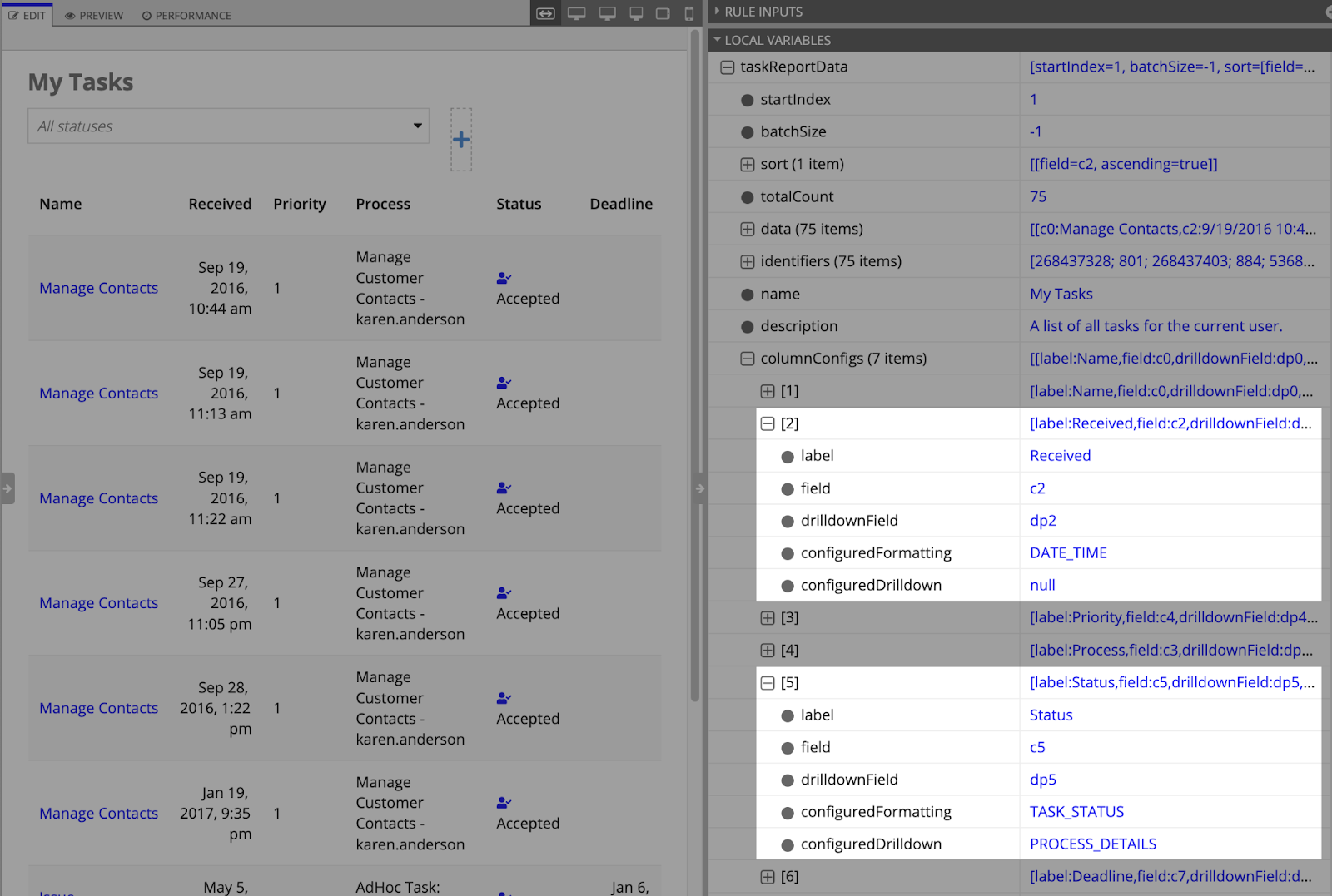 screenshot of the local variables pane to show the configurations associated with the task report columns