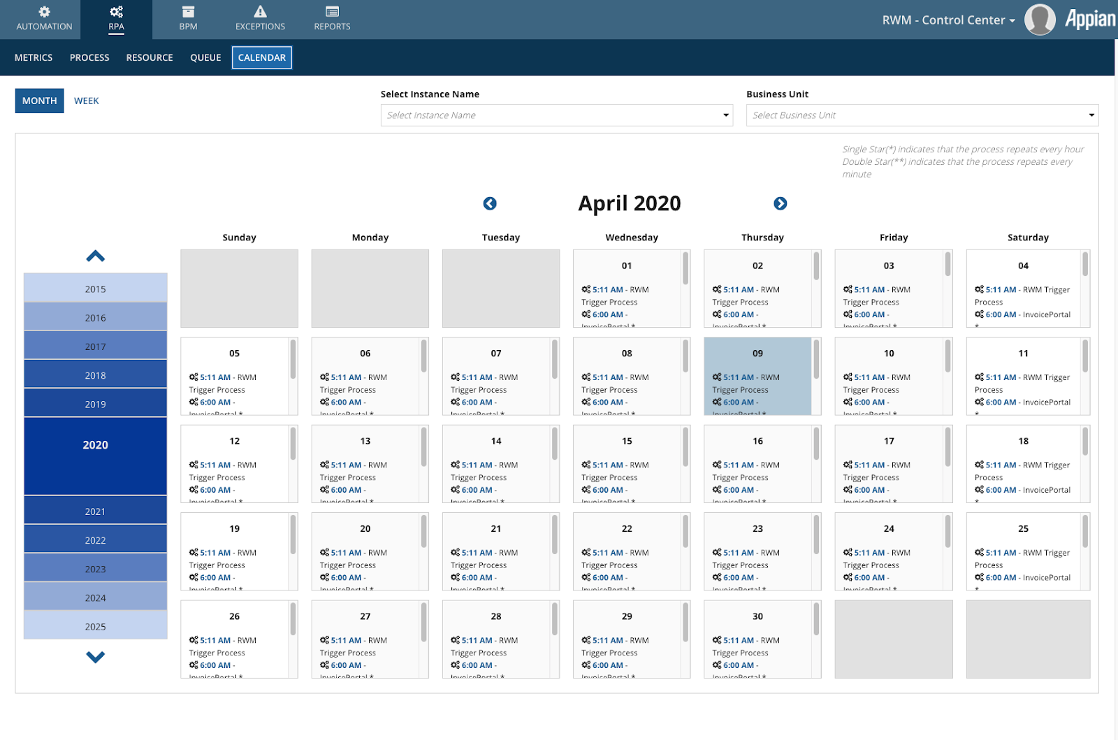 Control Center Calendar