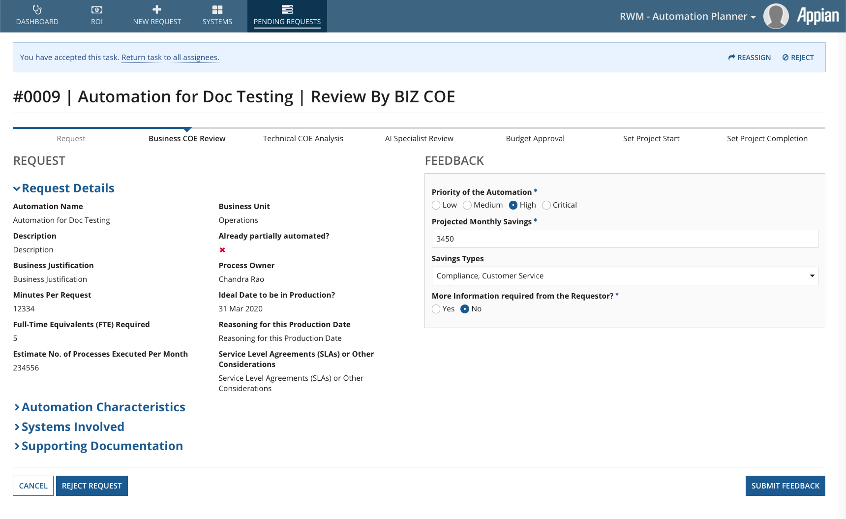 Automation Planner Request Business COE Review