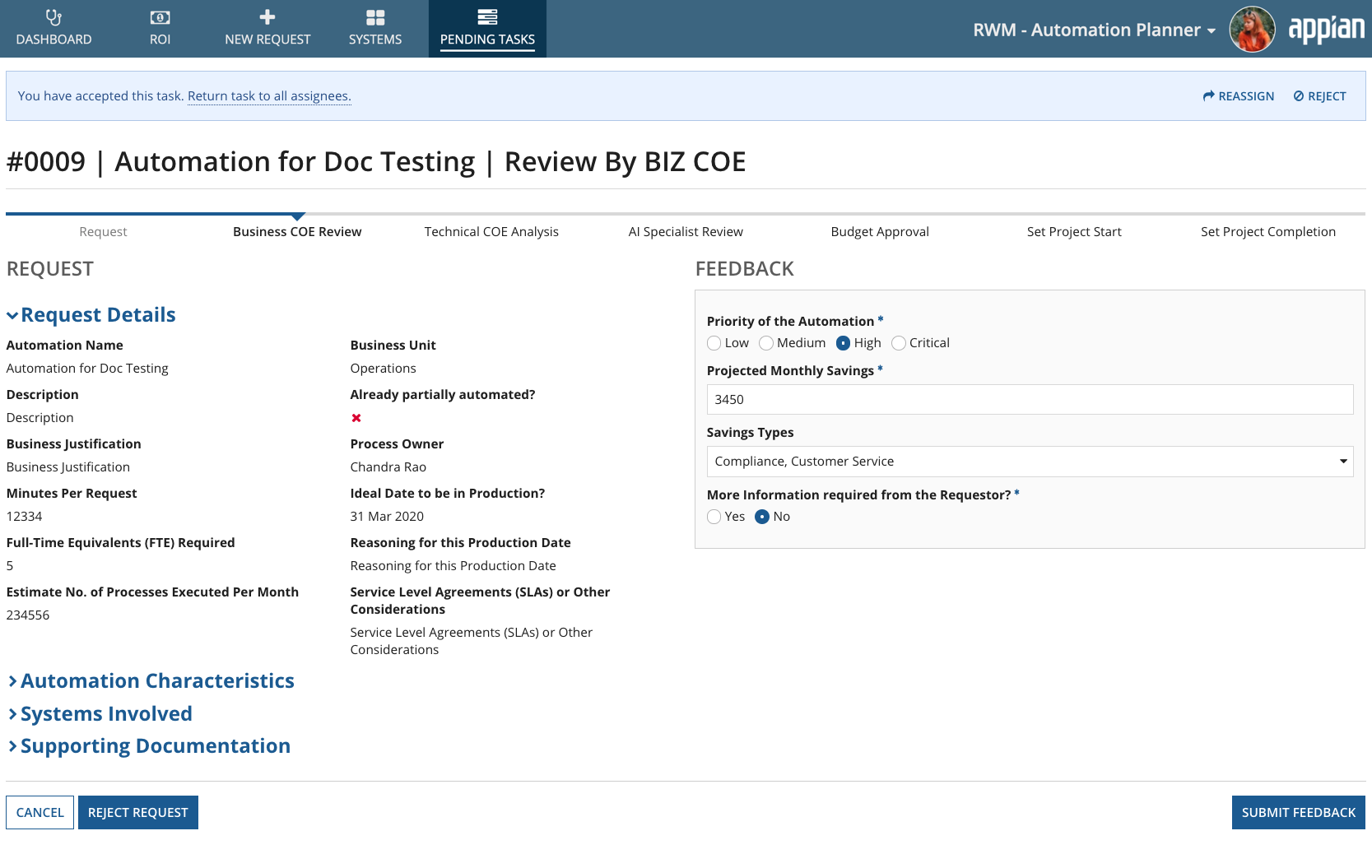 Automation Planner Request Business COE Review