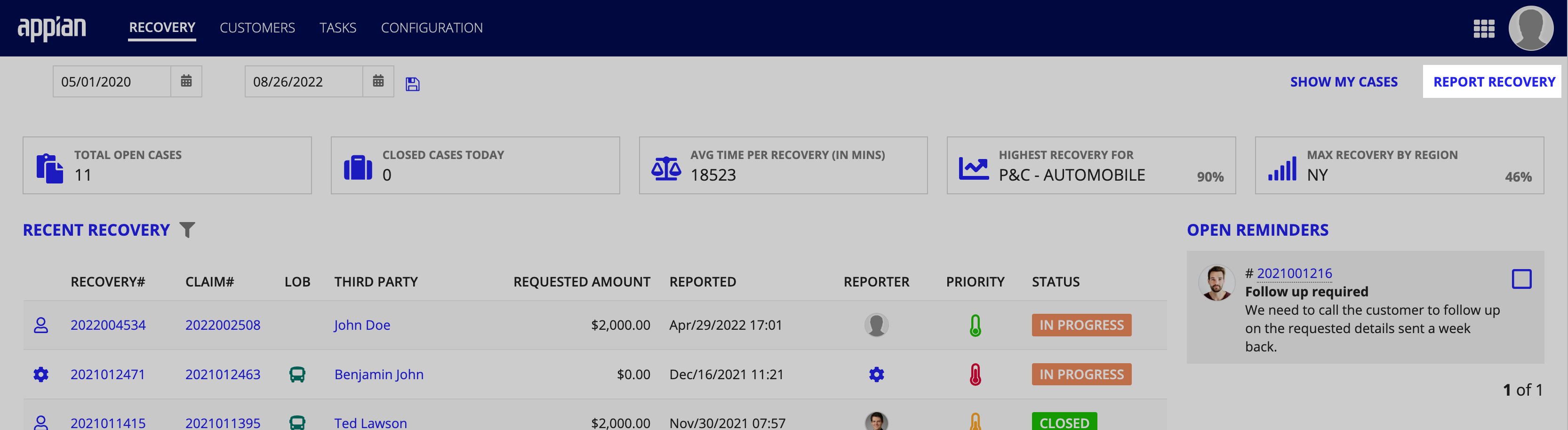 The Report Recovery on the Recovery Dashboard