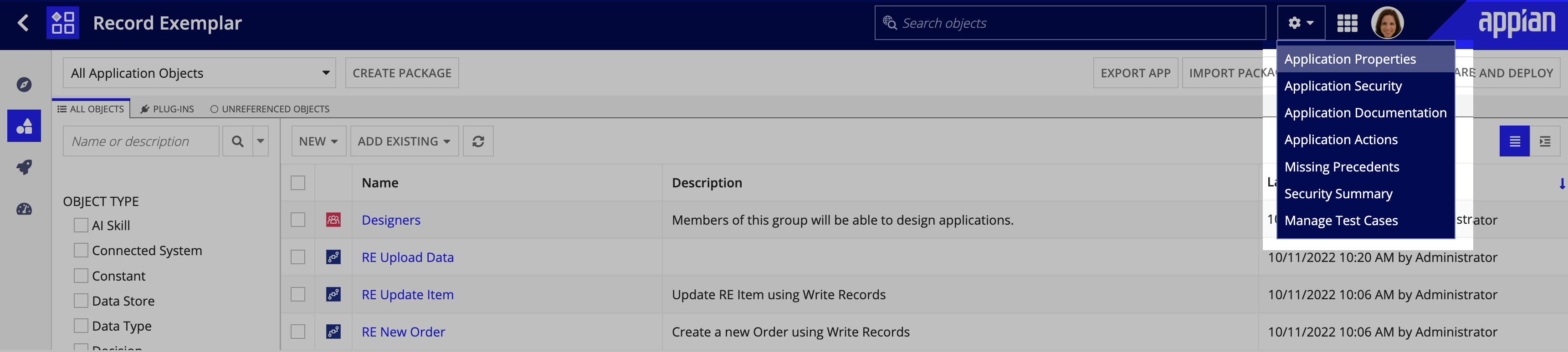 screenshot of the settings menu in the application header bar