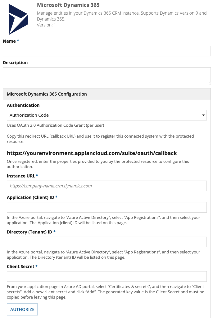 screenshot of the Authorization Code method of authentication selected in a Microsoft Dynamics 365 connected system object