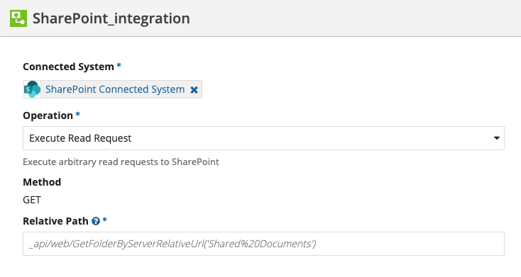 screenshot of the Execute Read Request operation selected in an integration object