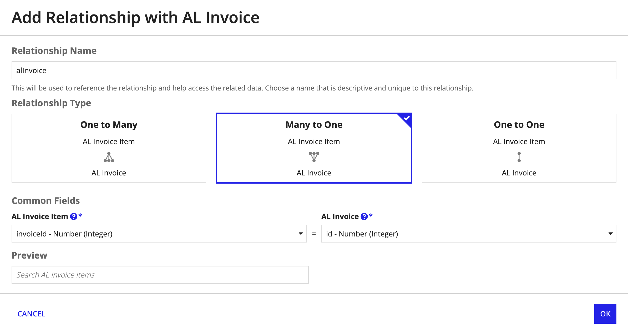 Set up a record type relationship between invoices and invoice table items