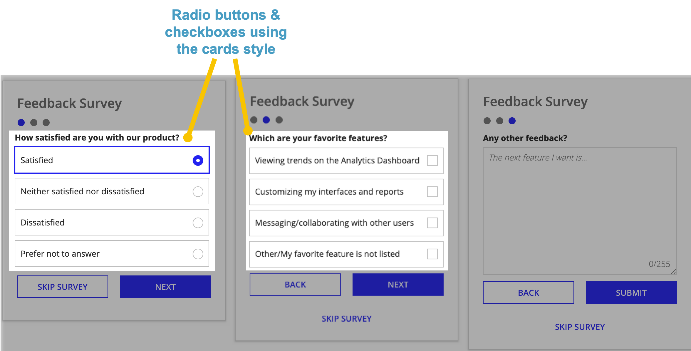 screenshot of the inline survey pattern showing all three survey pages with callouts highlighting the radio buttons and checkboxes using the Cards style.