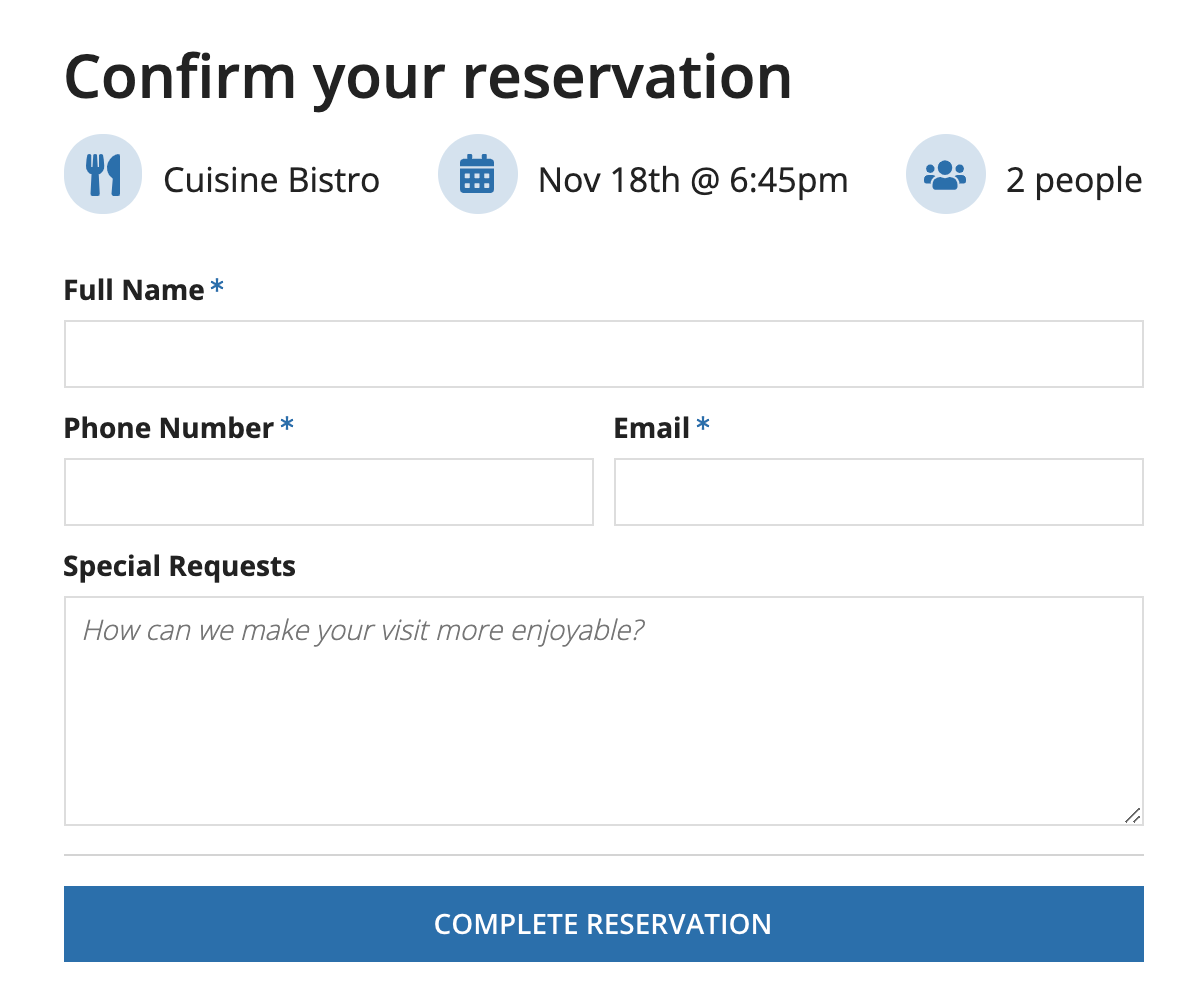 screenshot of a submission form for making a dining reservation