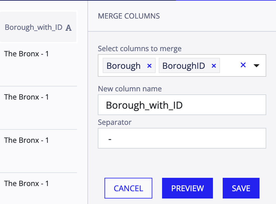 Merge column transformation action