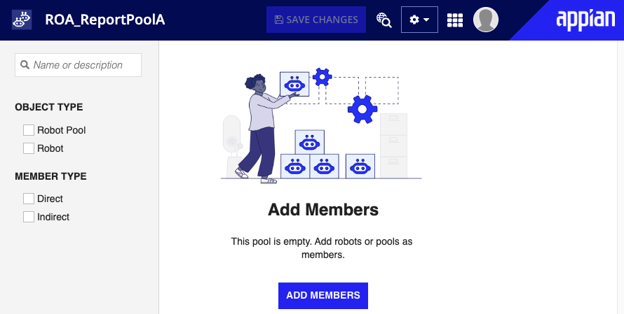 screenshot of robot pools in Appian Designer