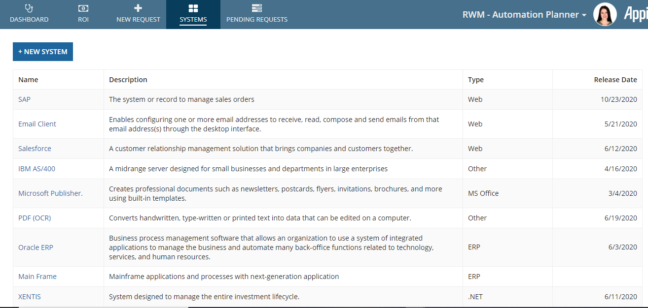 Systems tab