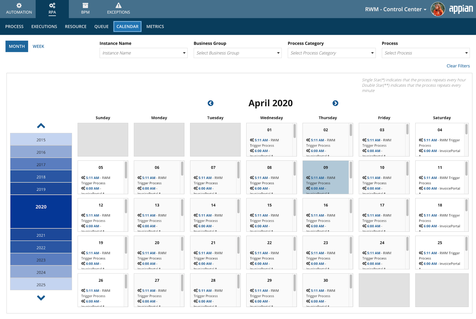 Control Center Calendar