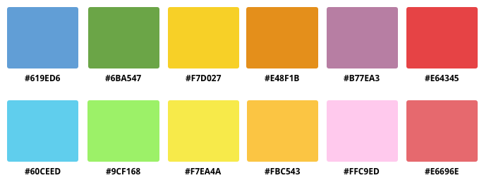 a five color guide to the colors in the Classic color scheme, with accompanying hex codes