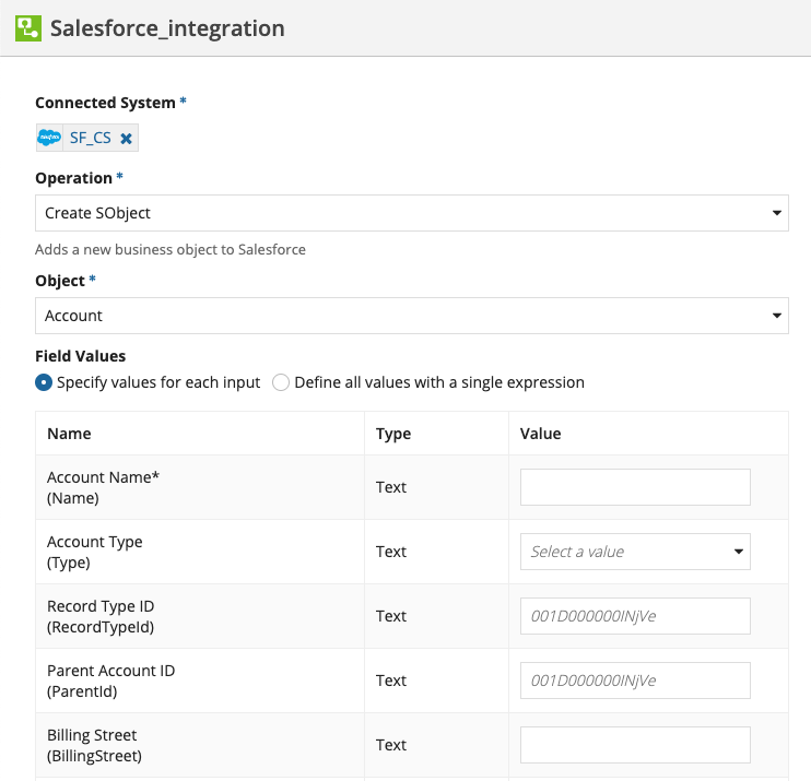 screenshot of the Create SObject operation selected in a Salesforce integration object