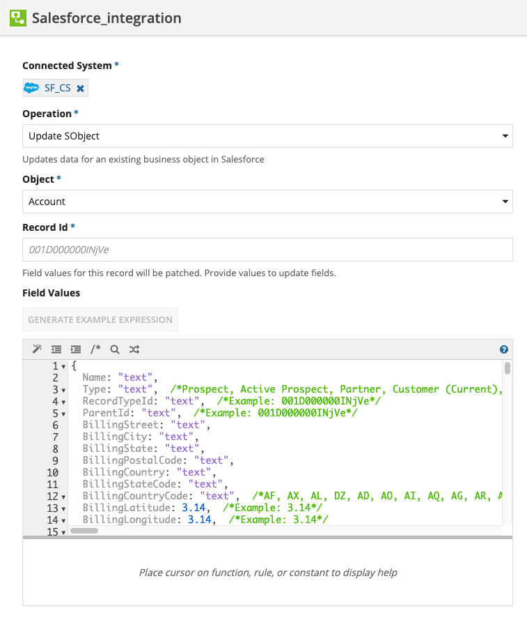 screenshot of the Update SObject operation selected in a Salesforce integration object