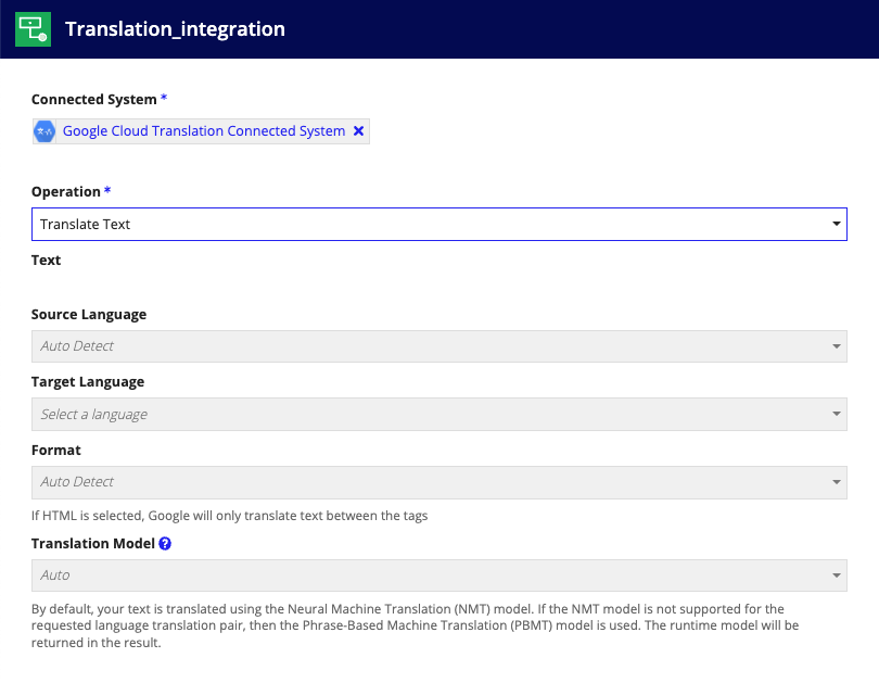 screenshot of Translate Text operation selected in an integration object