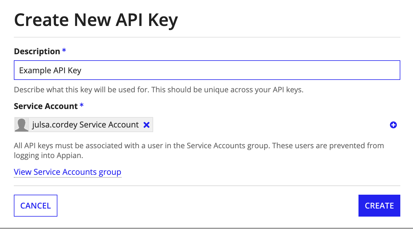 screenshot of the create api key dialog
