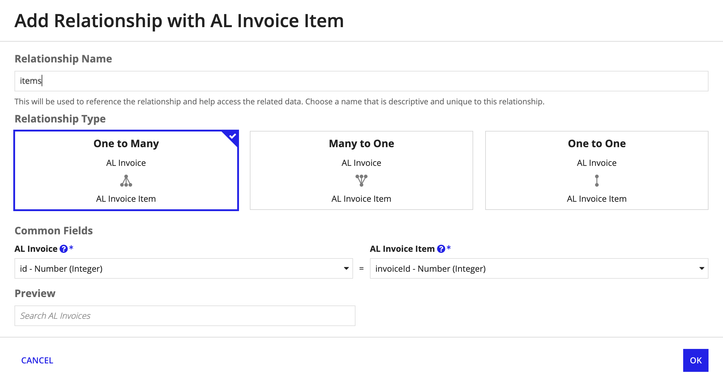 Set up a record type relationship between invoices and invoice table items