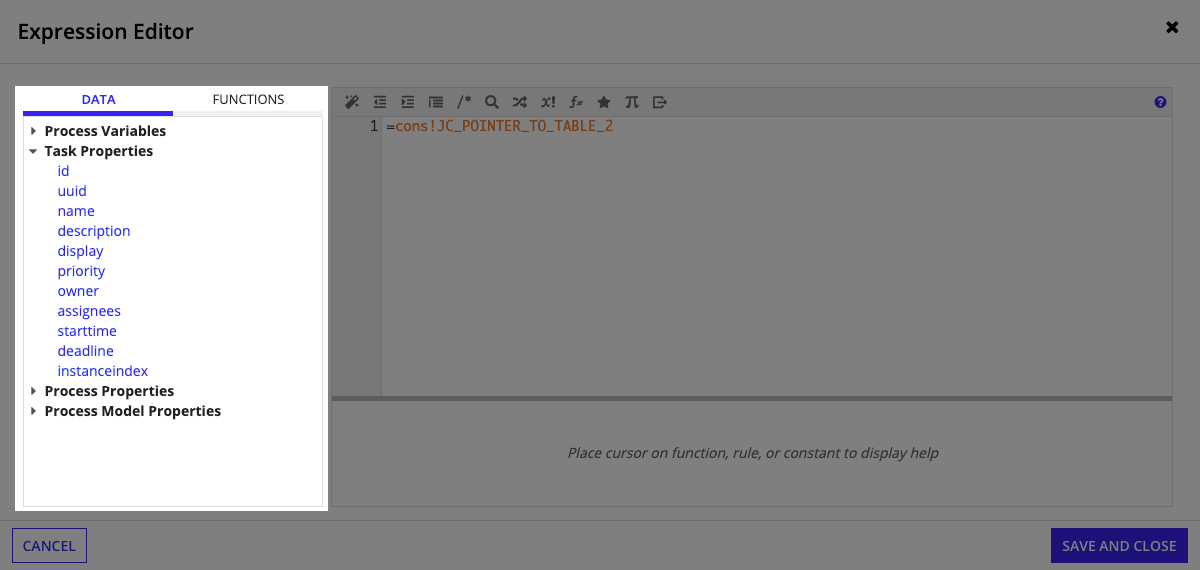 screenshot of the DATA tab in the Expression Editor in process model