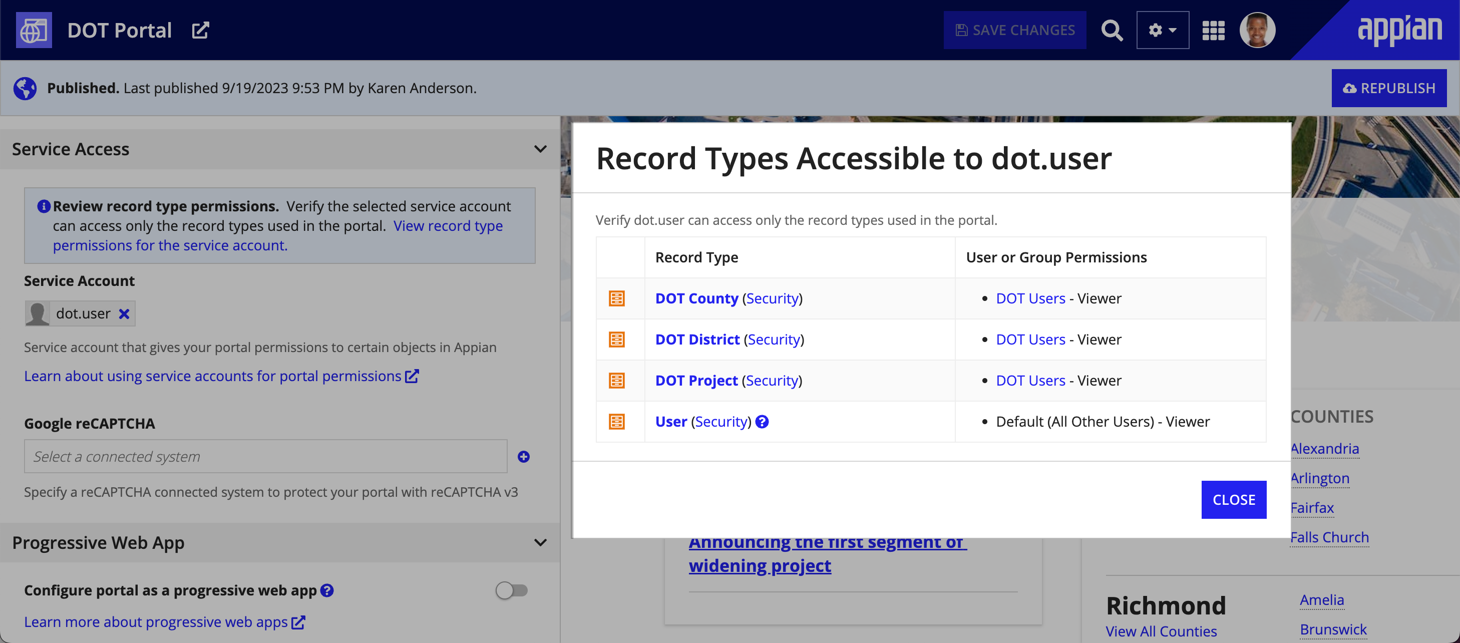 changing record type permissions for a portal service account