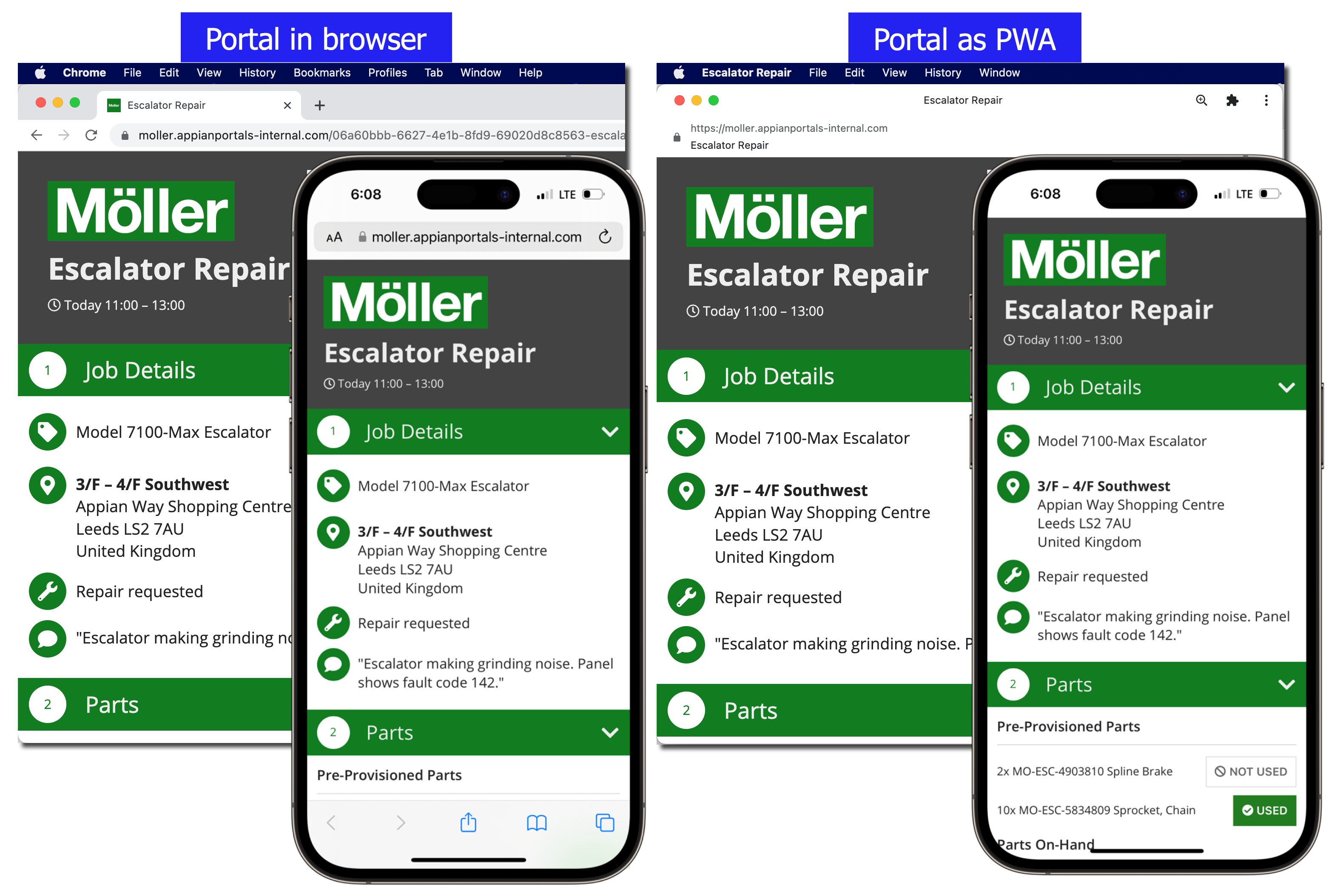 comparison of how a portal displays in a browser versus how it displays as a PWA
