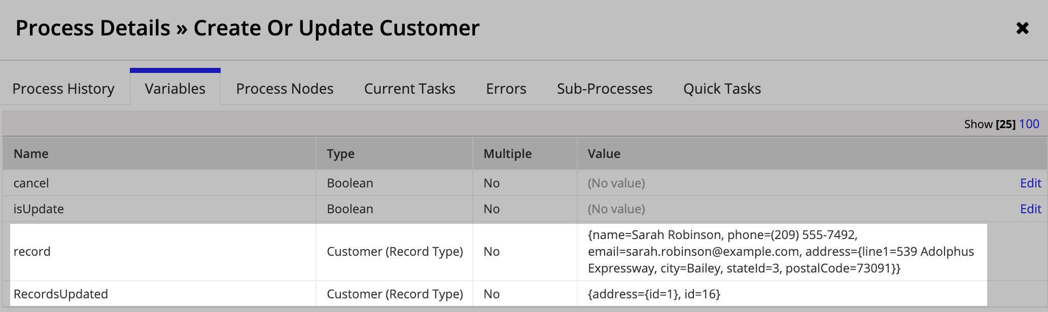 List of process variables showing related record data for Cases nested in the Customer record data