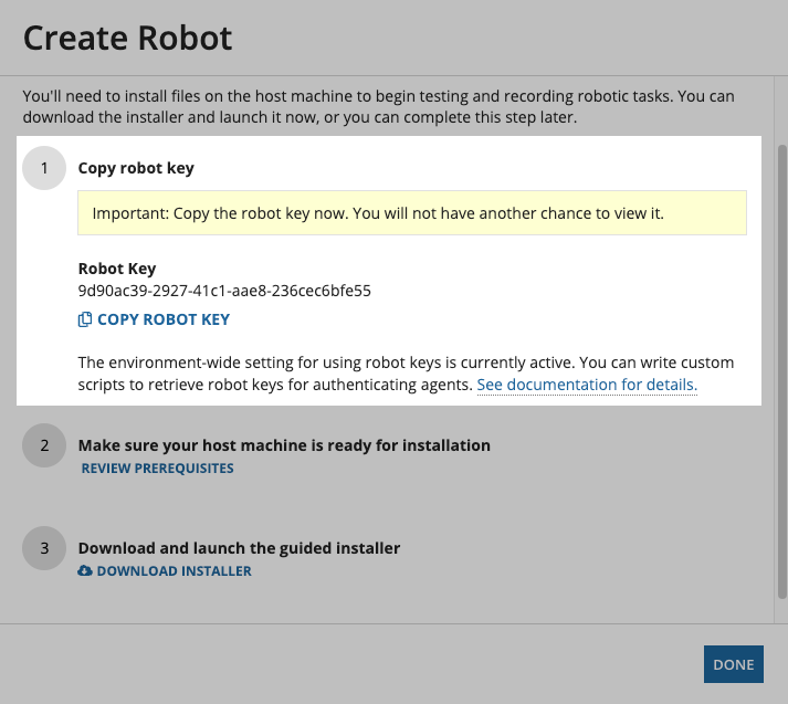 screenshot of the create robot dialog with emphasis on the copy robot key section