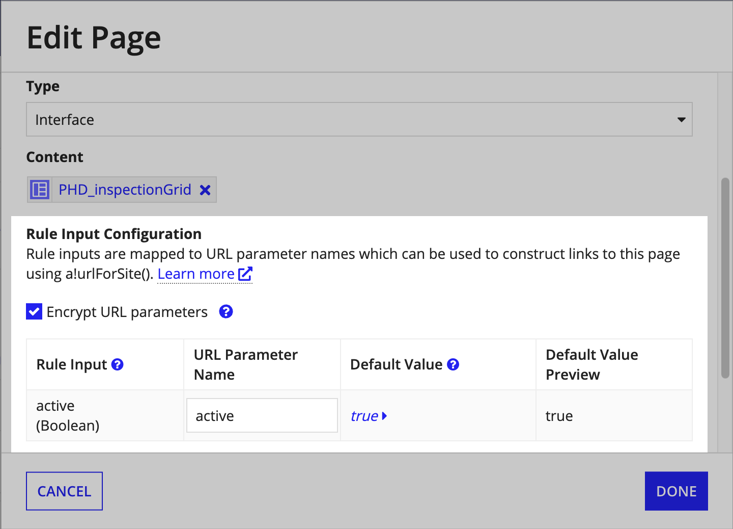 screenshot of the rule inputs configuration section for sites pages