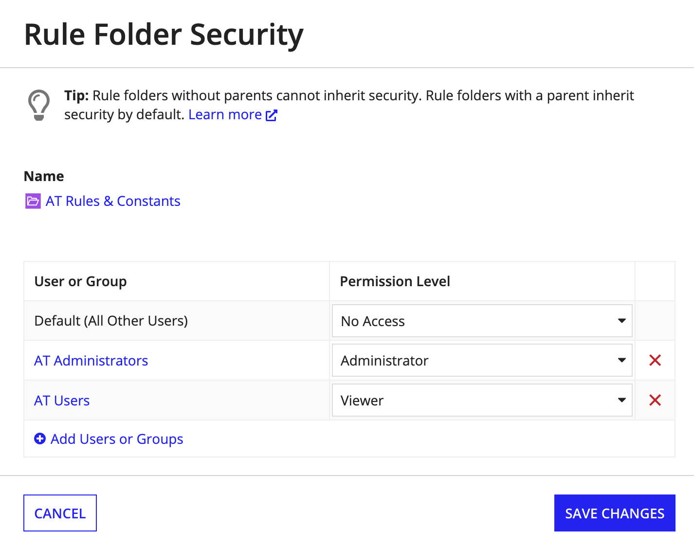/security dialog parent rule folder security