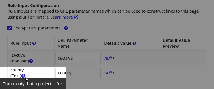 rule input configurations in add page dialog