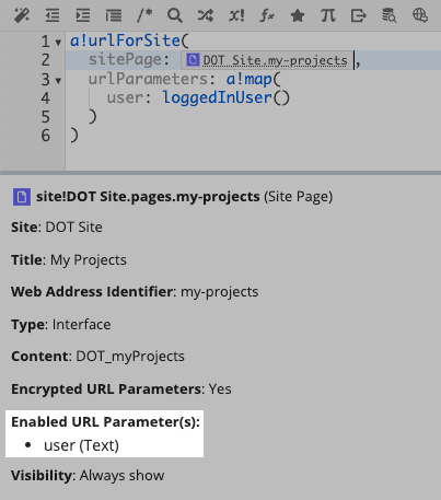 enabled url parameters in the expression documentation pane for a site