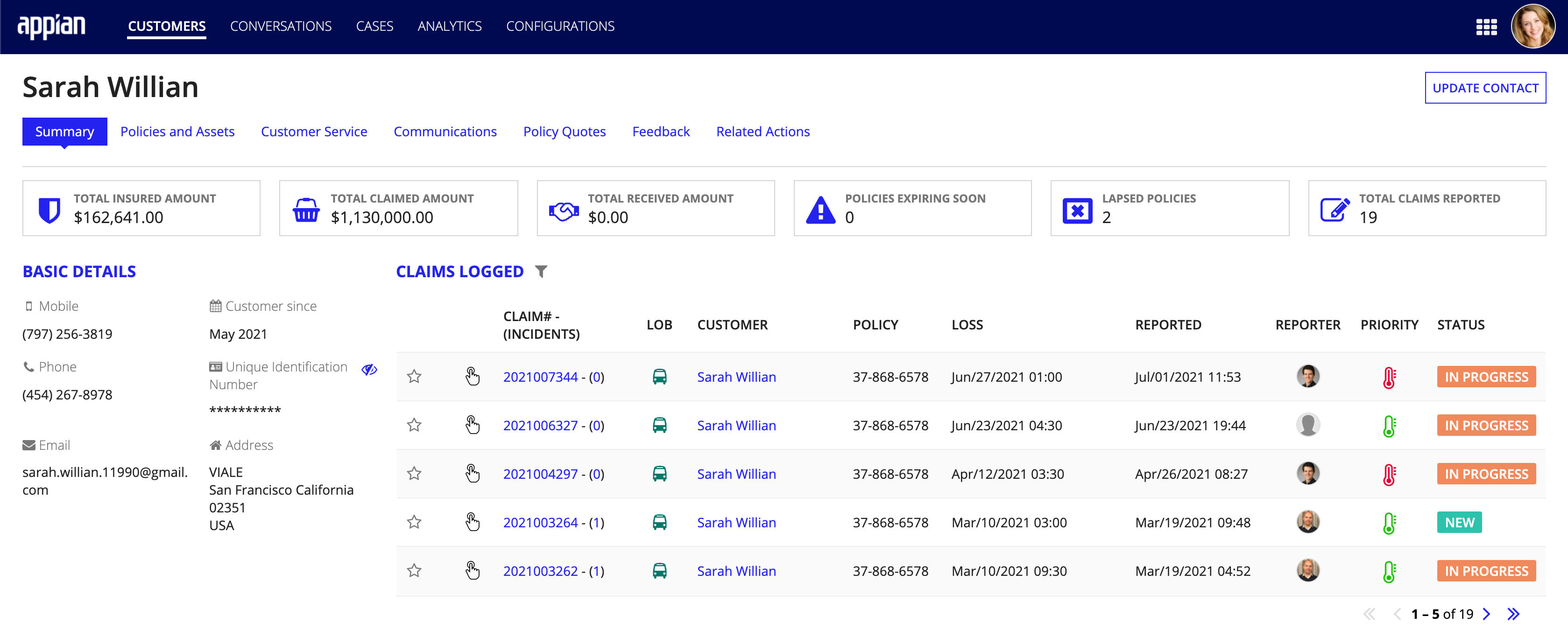 screenshot of a customer service dashboard