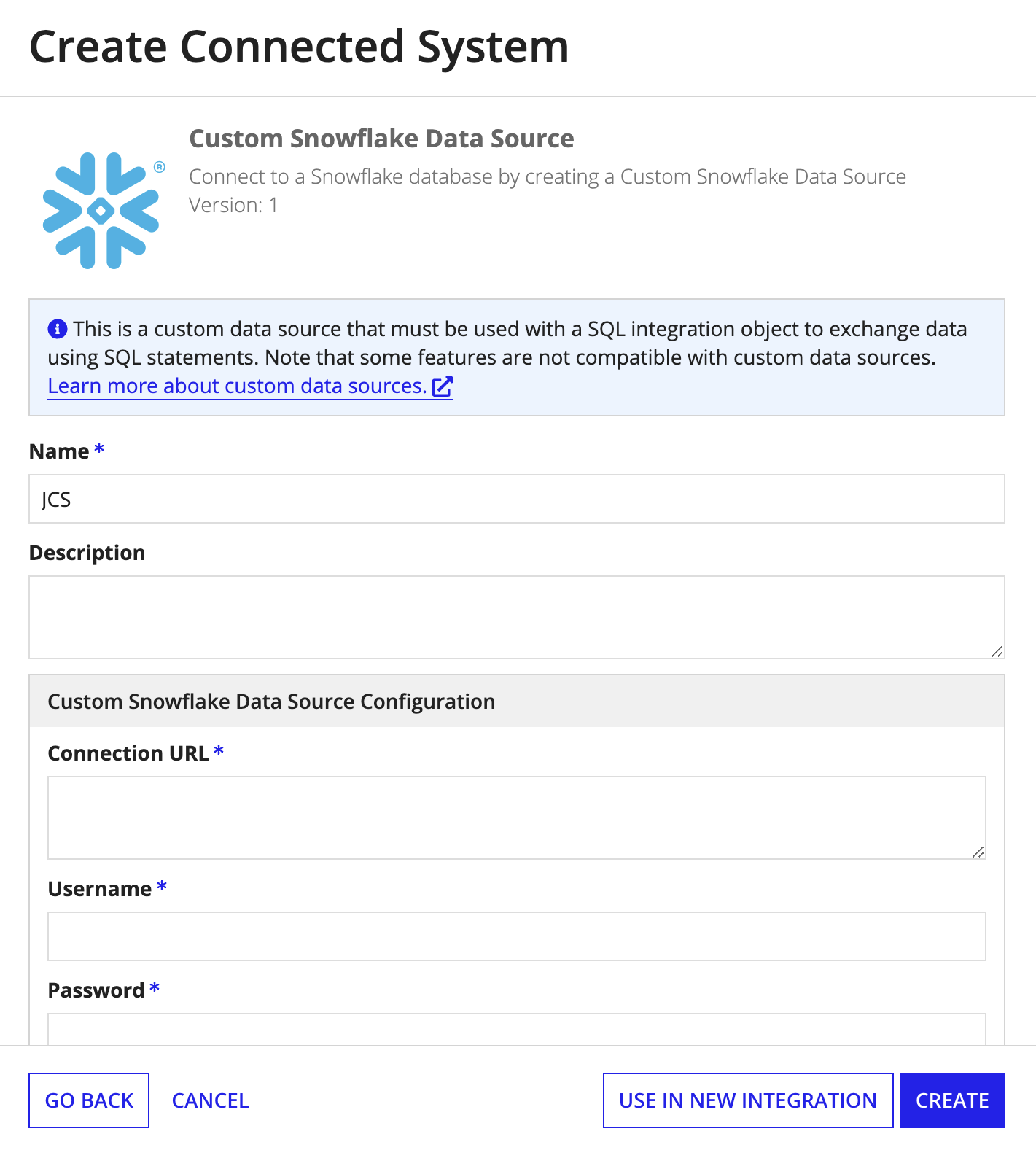 The create new custom JDBC connected system screen