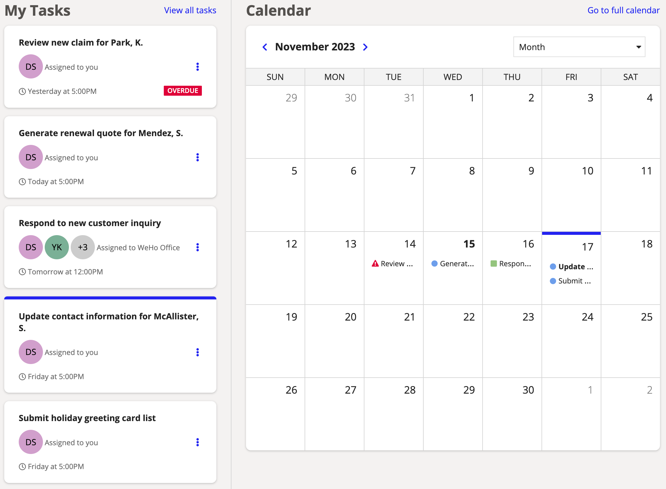 Two-pane interface with a list of tasks and calendar