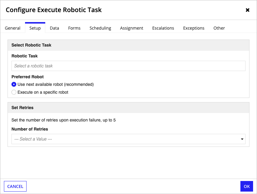 screenshot execute robotic task setup dialog in the process modeler