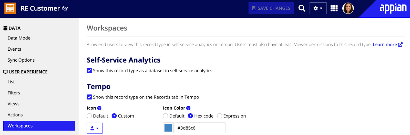 screenshot of self-service analytics page in the record type
