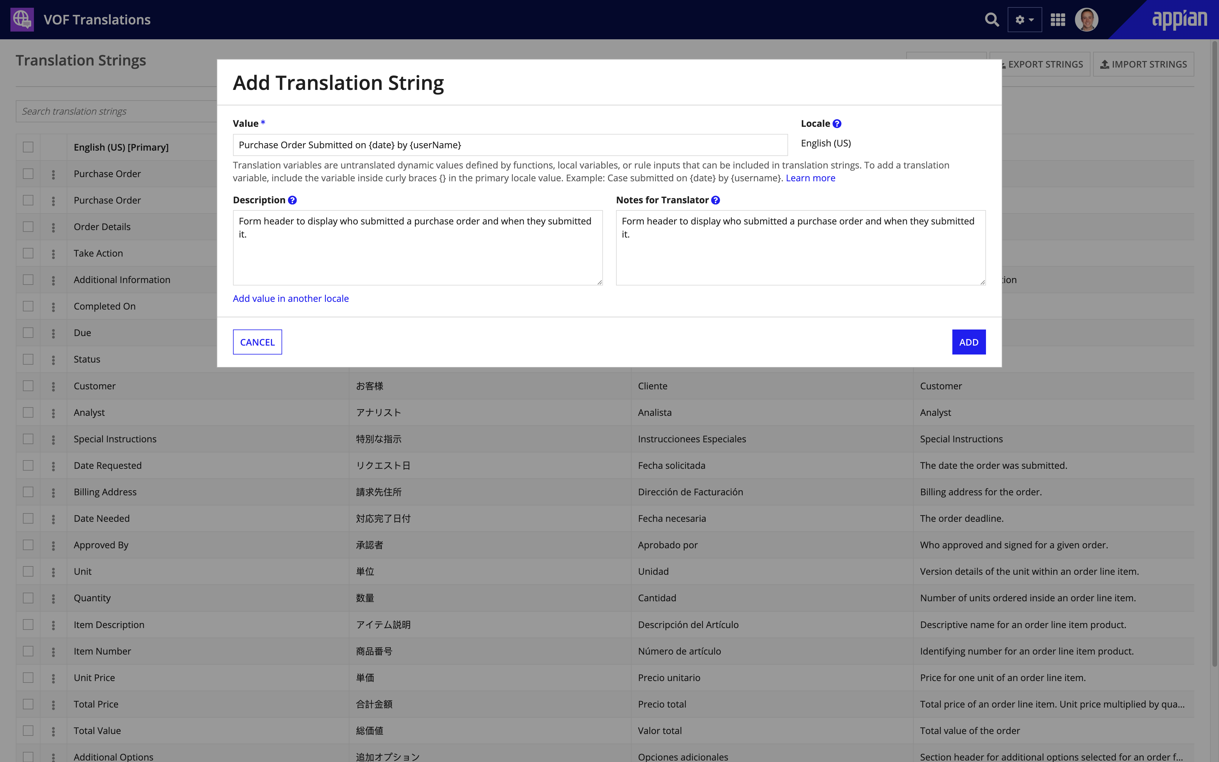 screenshot of adding a translation string with a translation variable