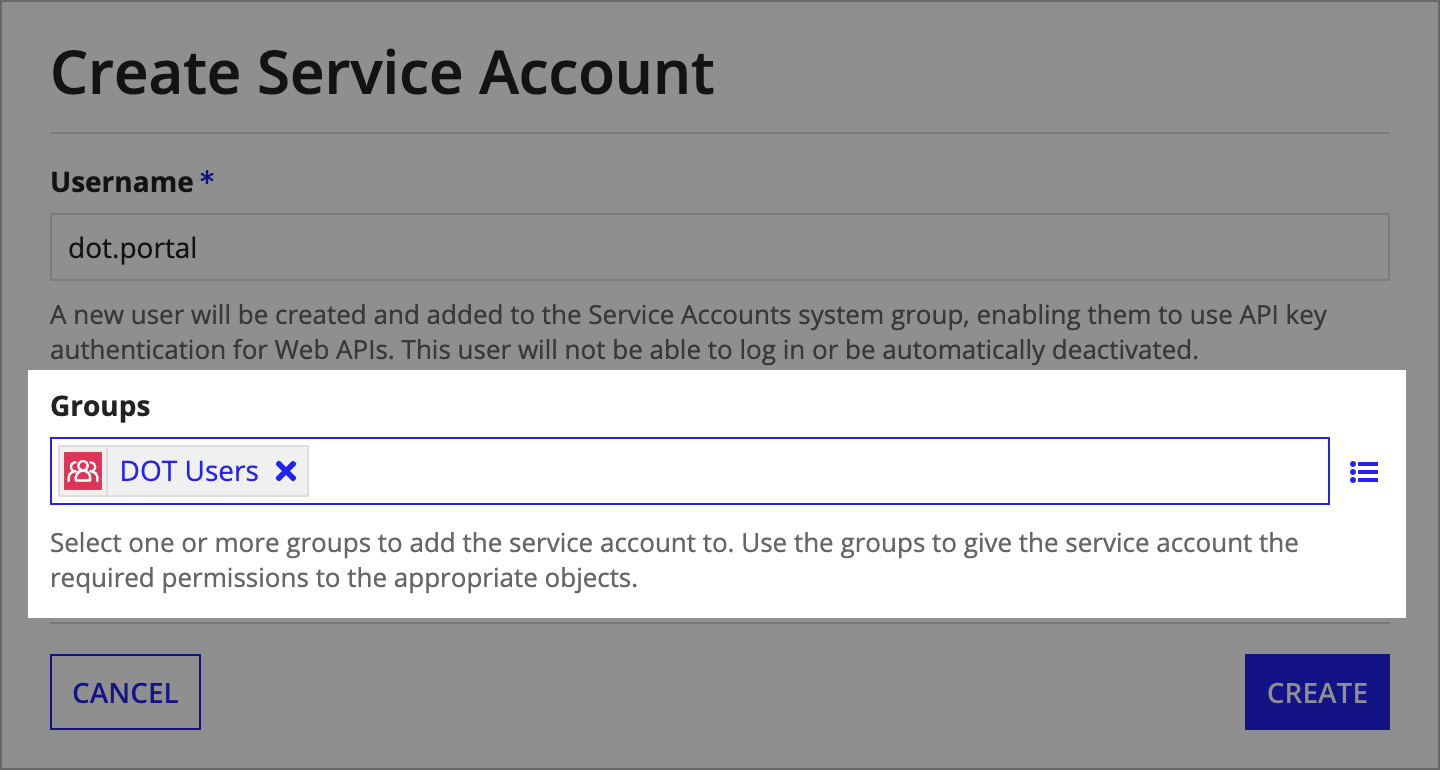 screenshot of create service account dialog
