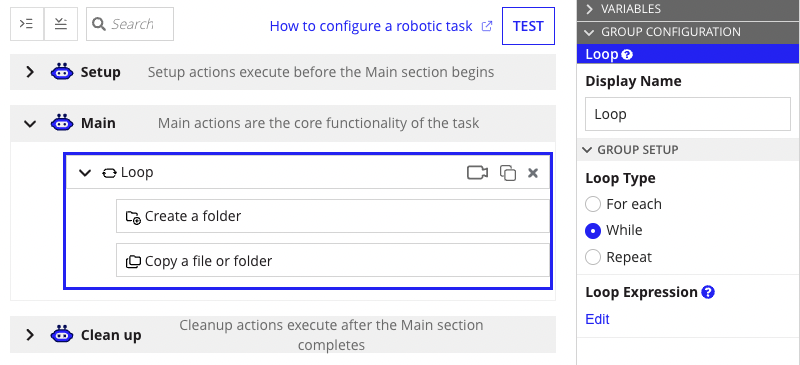 Screenshot of the loop action in the system